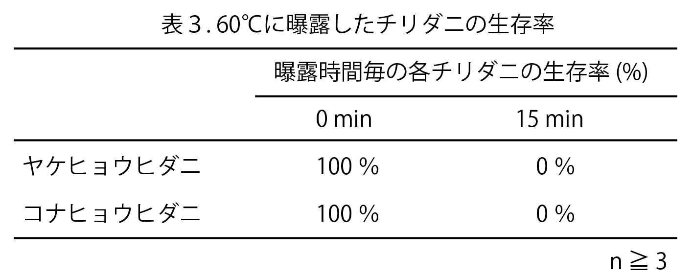 ダニの高温抵抗性を検証表3